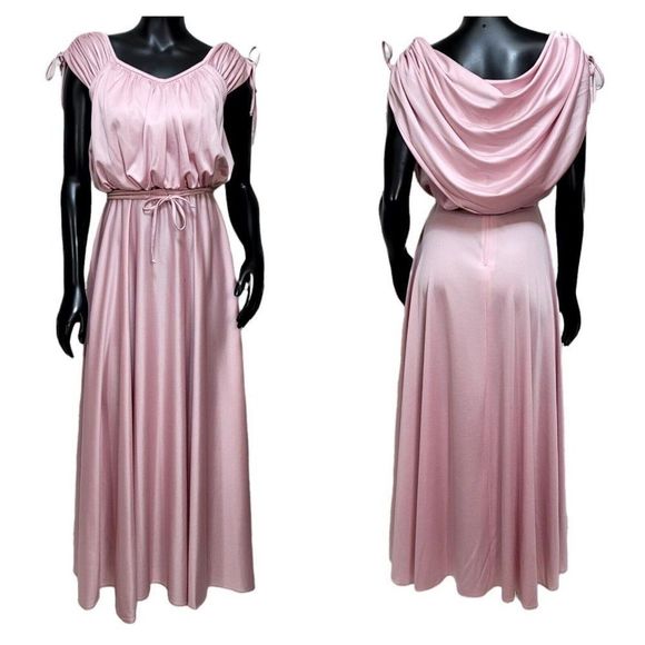 Vintage 70s Union Made Pink Draped Back Cinched Shoulder Disco‎ Dress Tie Belt - Picture 1 of 12